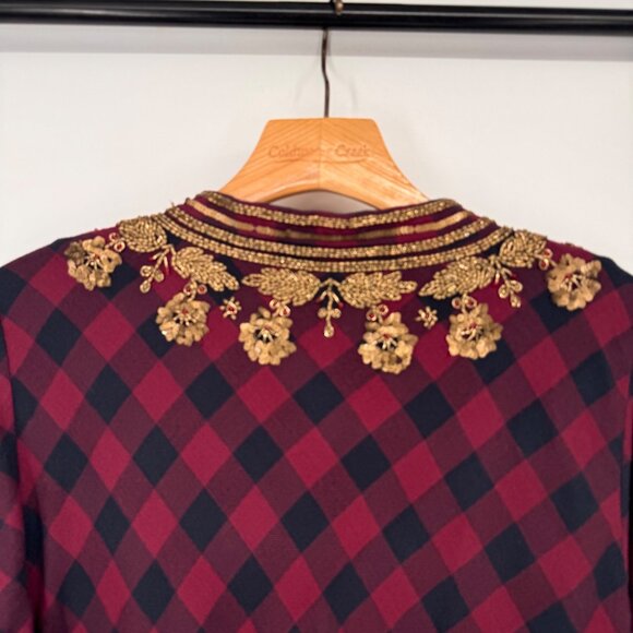 Soft Surroundings Plaid Tunic Top Gold beaded Long Sleeves Cotton red Sz Medium - Picture 11 of 13